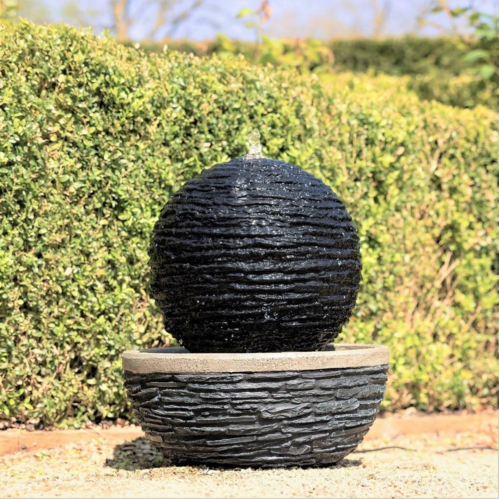 Primrose Black H42cm Marvao Slate Effect Sphere Water Feature With Lights Outdoor Garden Fountain