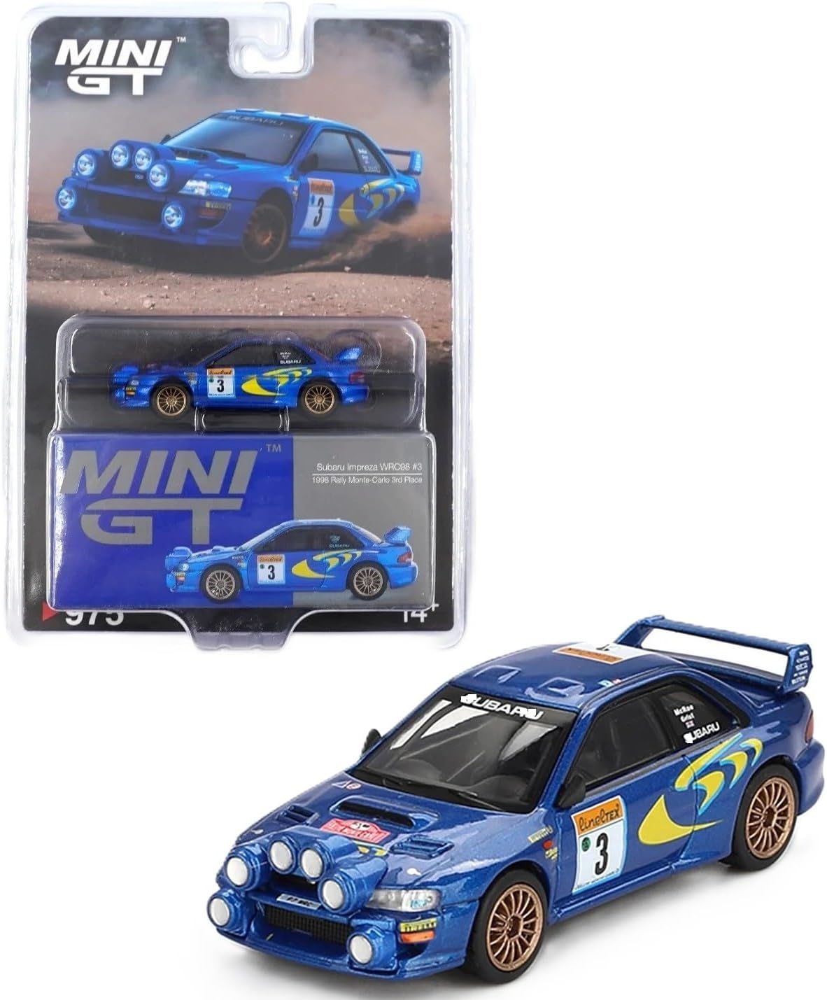 Diecast Model Car Compatible with Mini GT 1:64 Subaru Impreza WRC98 1998 Rally Monte-Carlo 3rd Place #3 Limited Edition MGT00975