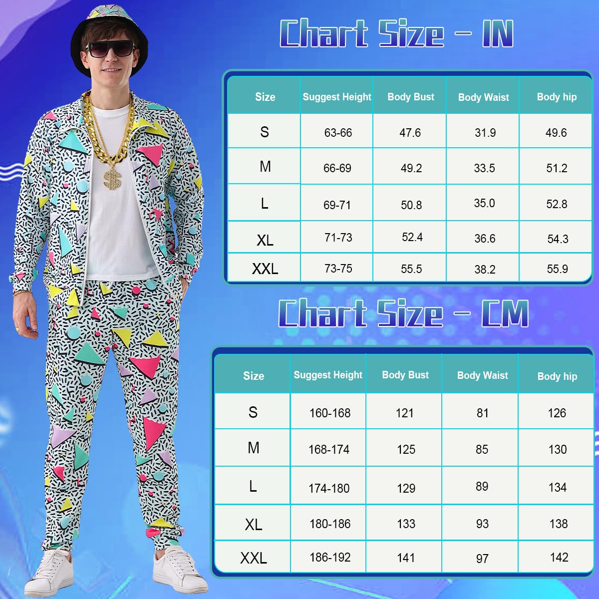 Chándal para hombre, disfraz de los años 80 y 90, traje de chándal para hombre, juego de pantalones, riñonera hinchable, bolsa de gueto, gafas de sol, sombrero, collar, pulsera, anillo, hip hop, ropa