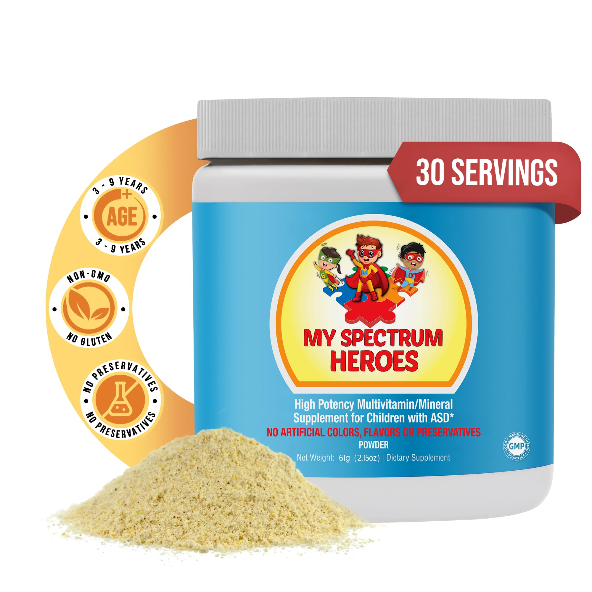 Kids Powder Multivitamin - Powder Supplement, Better Absorption, Non-GMO, Non-Gluten, No Artificial Ingredients - Neural Help for Children on The Spectrum - 30 Servings