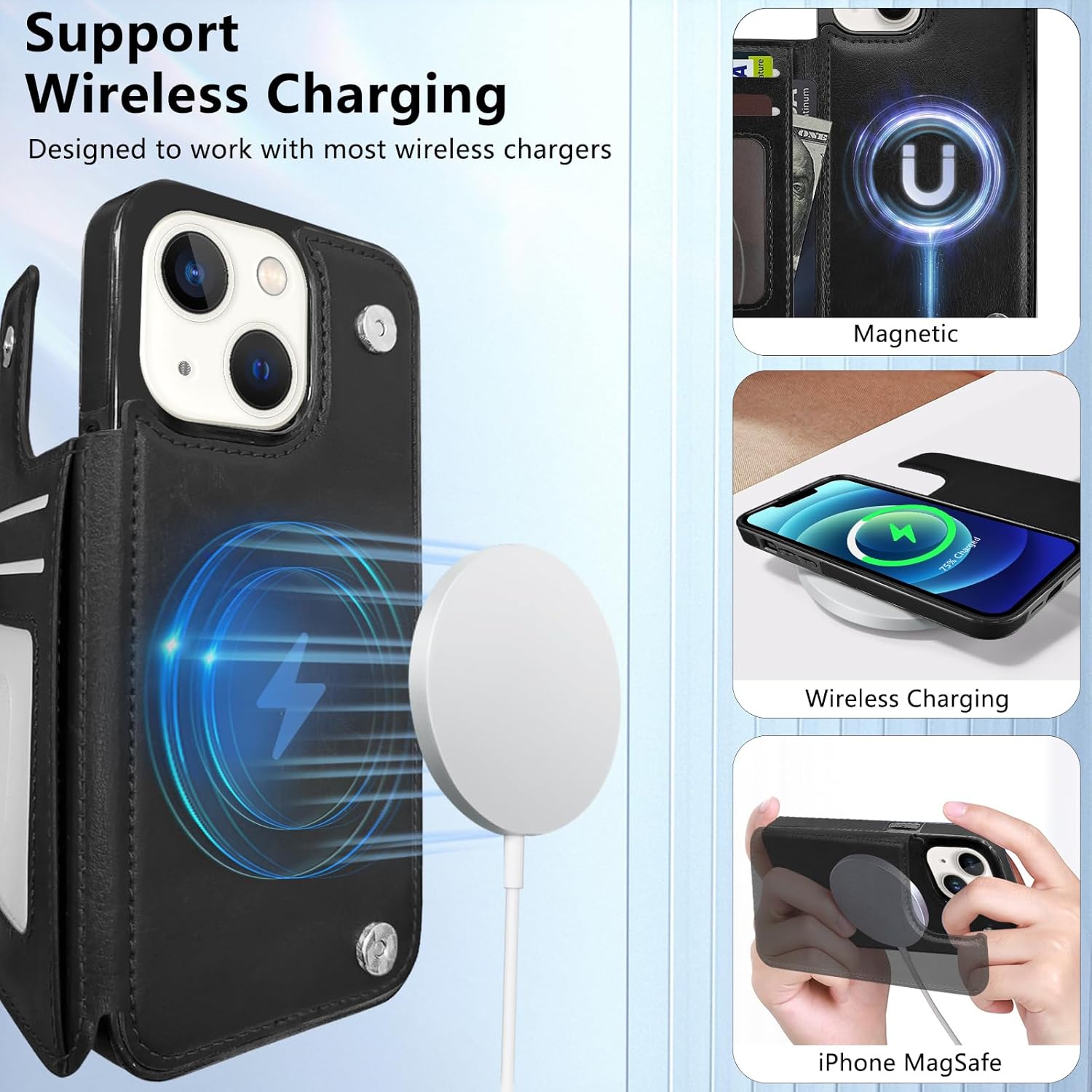 TopPerfekt Wallet Case for iPhone 12 and 12 Pro 6.1", Compatible with MagSafe, Wireless Charging, Leather Card Holder Kickstand Protective Cover Magnetic Phone Flip Case-Black - Image 4