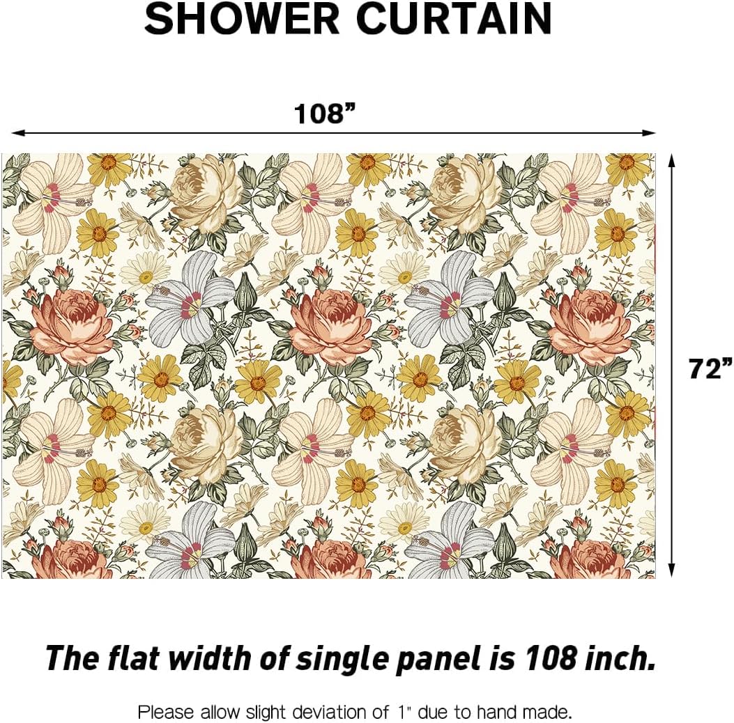 Coxila Yellow Floral Shower Curtain Extra Wide Large Long Clawfoot Tub Wrap Around Vintage Spring Rustic Flower Country Botanical Cottagecore Fun Bathroom 108 x 72 Inch Polyester Fabric 18 Pack Hooks
