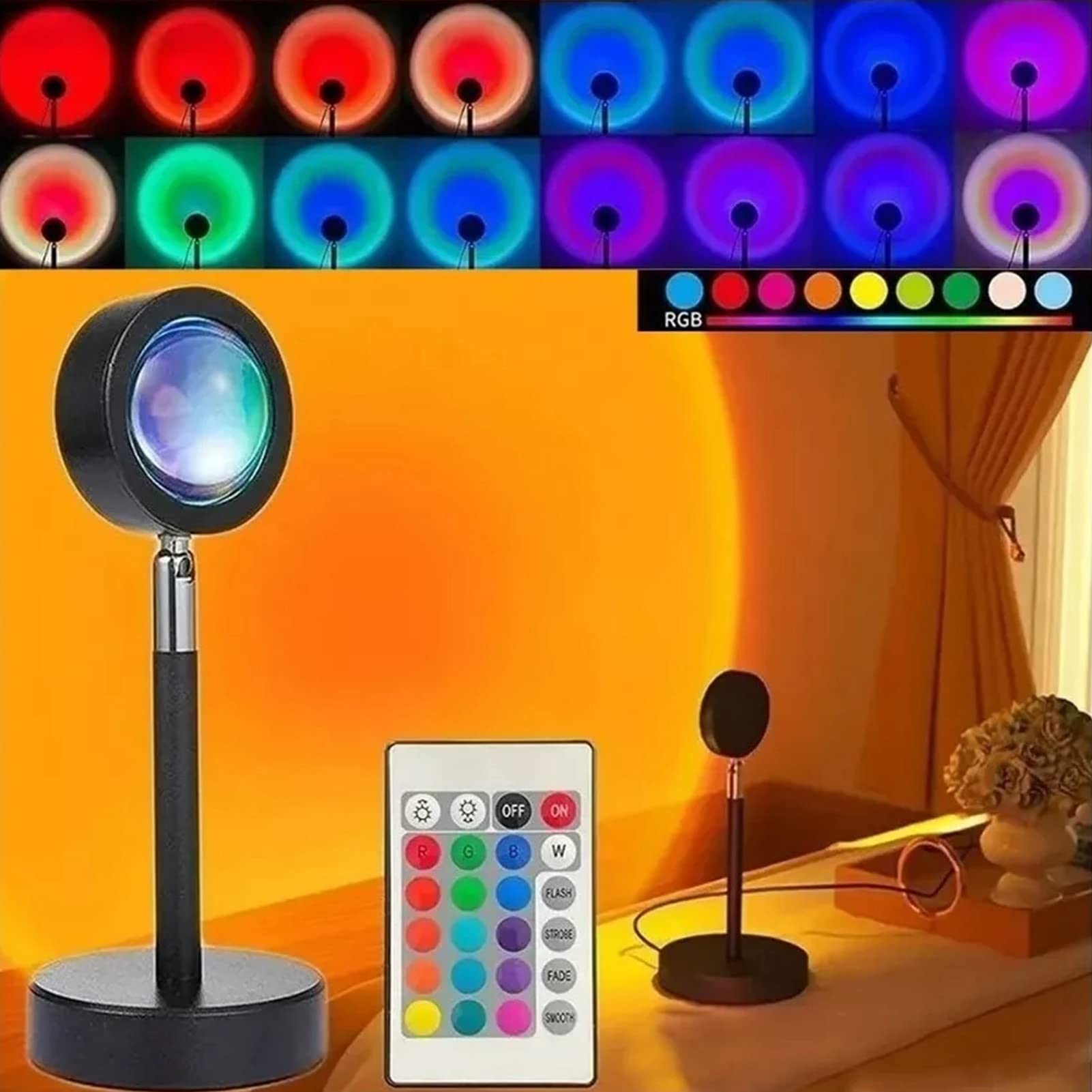 Sonnenuntergang-Projektionslampe – Mehrfarbiges LED-Projektionslicht Mit um 180° Drehbarem Regenbogeneffekt – Schalterknopf – Ideal Für Partys Und Schlafzimmerdekoration