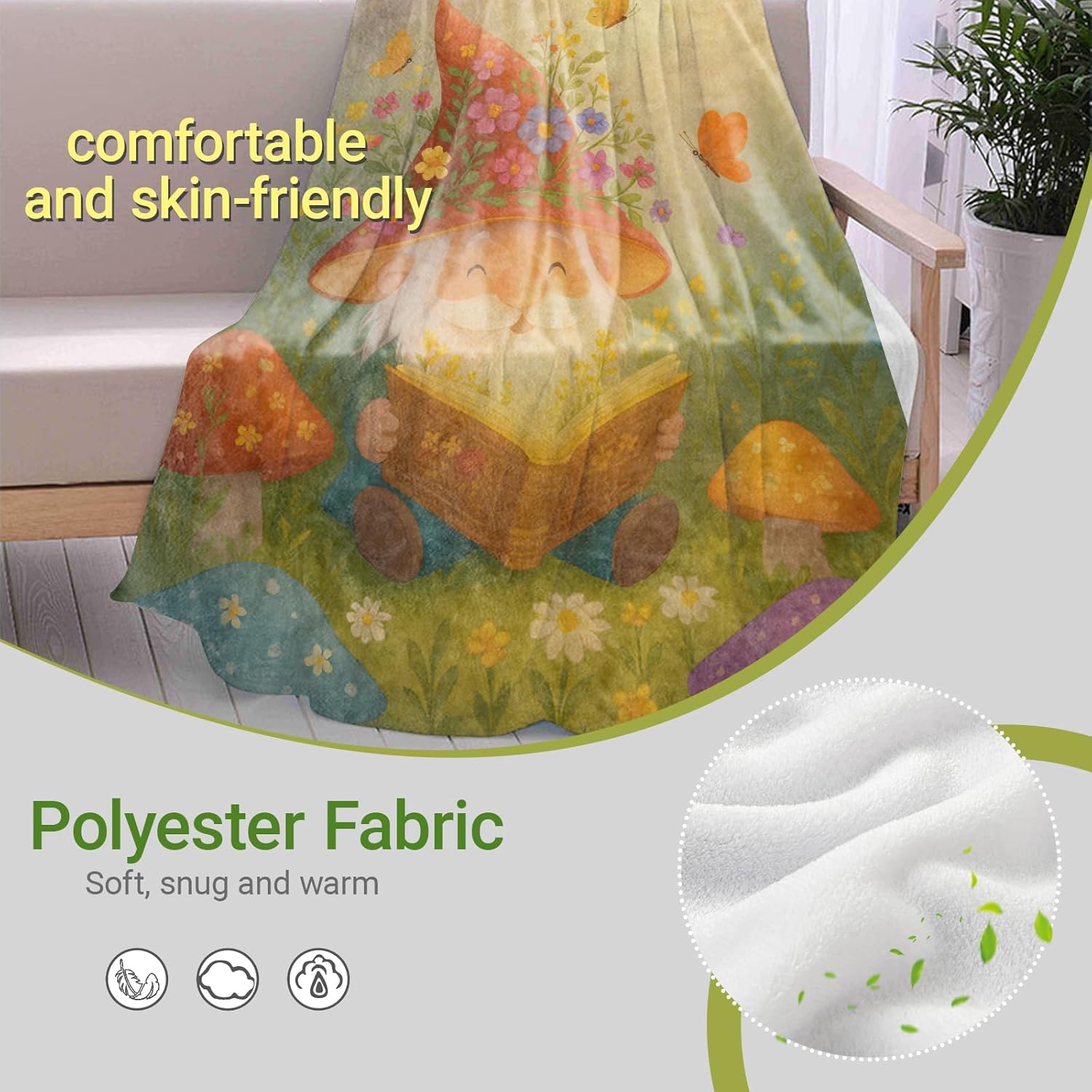 Whimsical Gnome Lightweight Throw Blanket, Fantasy Cartoon Mushroom and Butterfly, Warm Soft Cozy Flannel Blankets, Couch Bed Dorm Home Decor All Season Use, 60x50in, Yellow, Gifts for Kids - Image 3