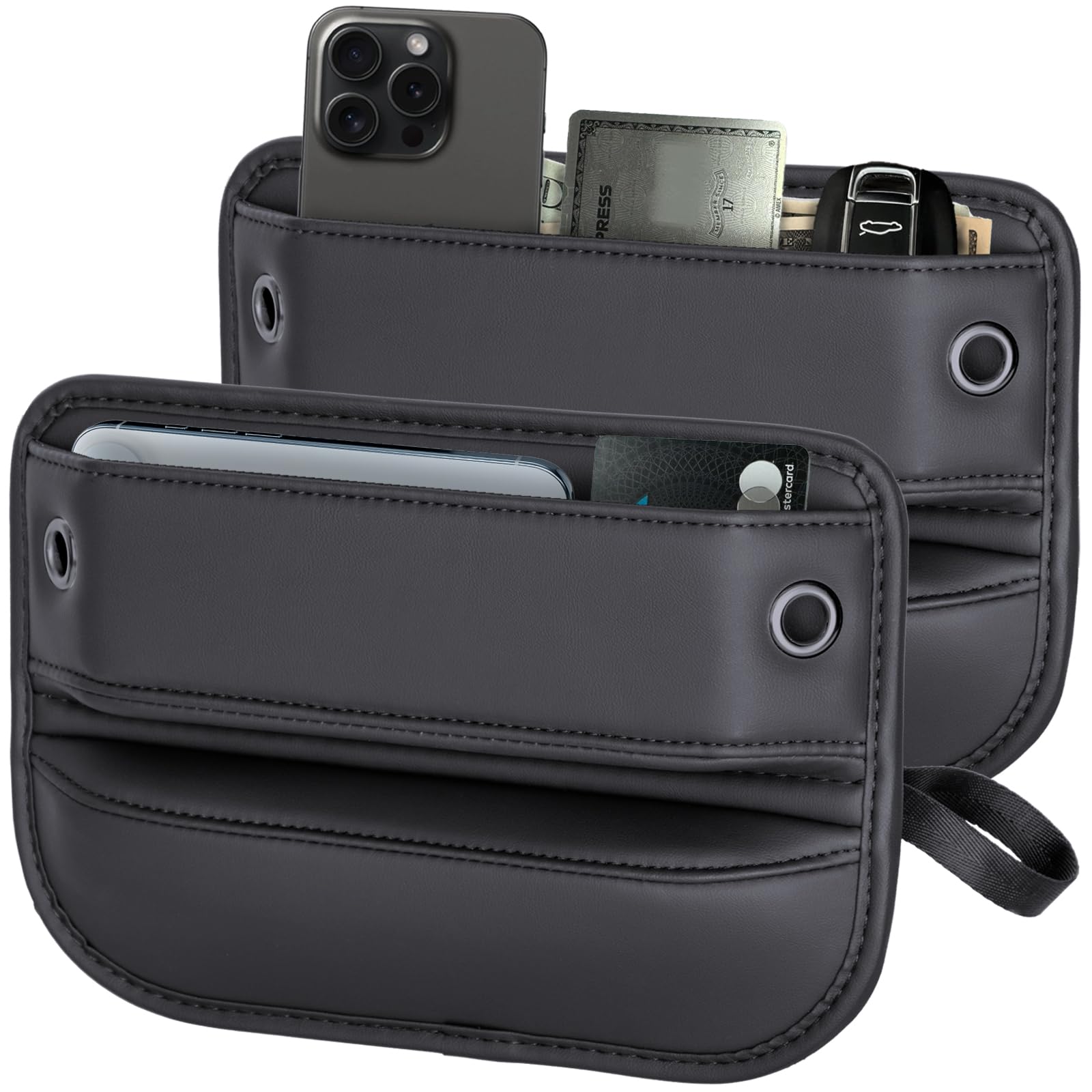 2-pack car seat gap filler organizer - upgraded anti-slip strap design - premium leather side console pocket - prevent phone falling - (0.2”-1.2" gaps),clever gifts for suv, truck & sedan, black