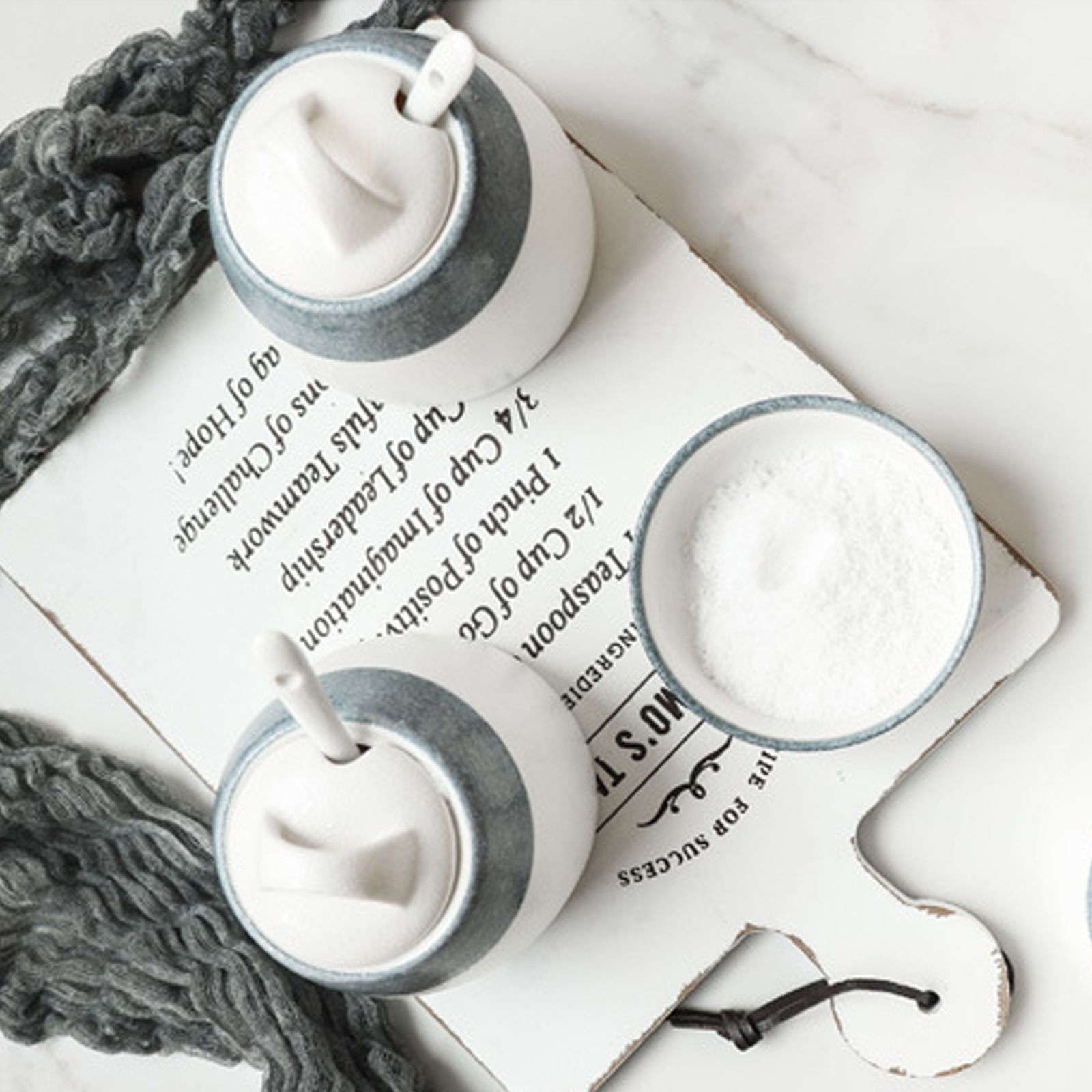 TBLOTYD White Ceramic Sugar Bowl Set with Lid, Spoon, and Base - Farmhouse Style Seasoning Box for Salt, Sugar, and Spices - 0.5 Size Option