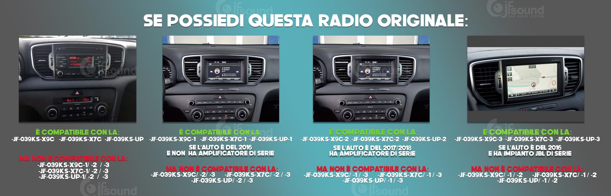 JF Sound - Autoradio Android JF-039KS-X7C-3 - Per Kia Sportage (2016-2018) - 9" HD - CarPlay/Android Auto - GPS - 2GB RAM - 32GB ROM - DAB+ - Prodotto in Italia