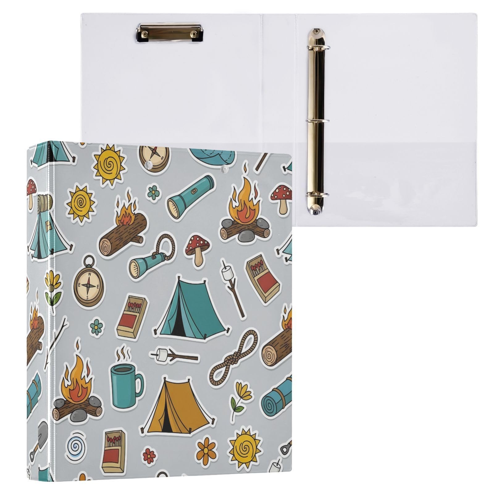Raccoglitori a 3 anelli, 3,8 cm, design giocoso da campeggio, rotondi, con clip in metallo, organizer per casa e ufficio, confezione da 2