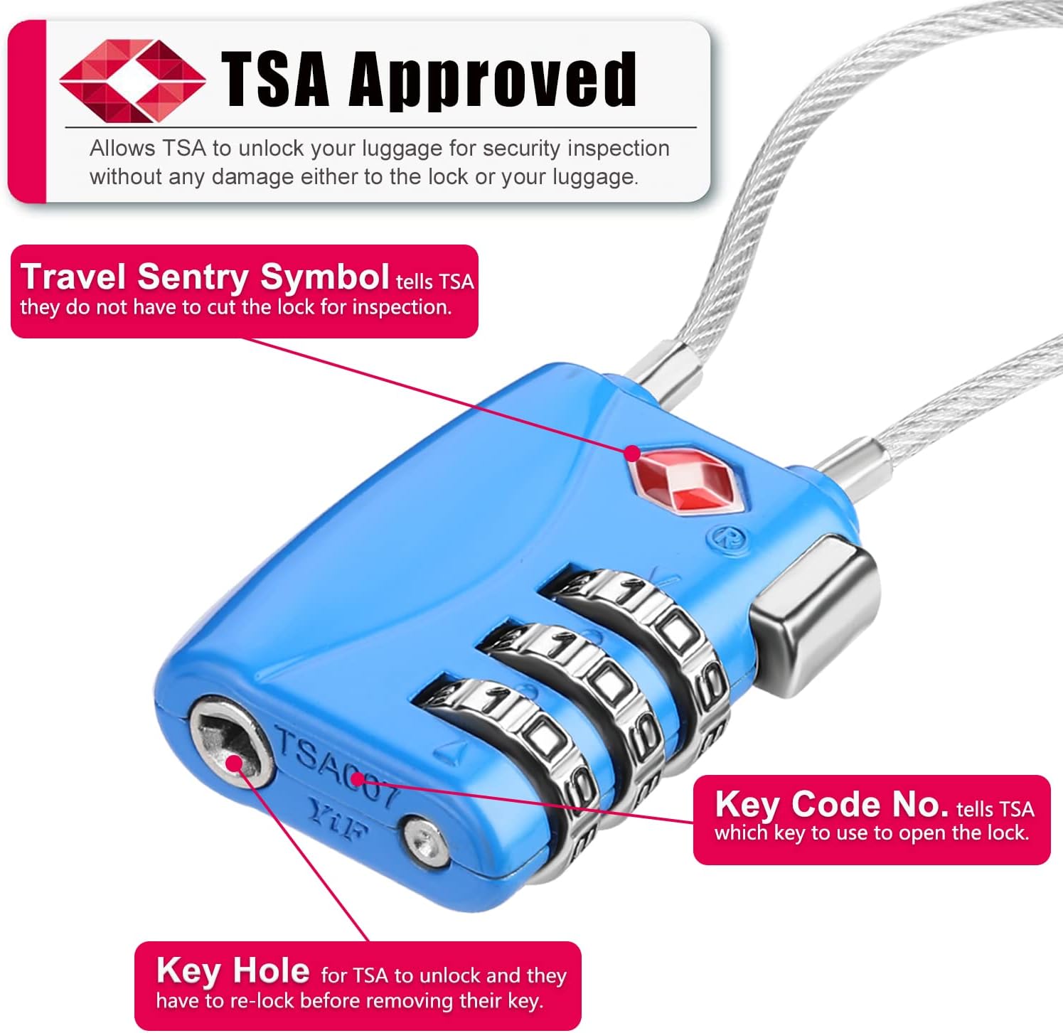 ZHEGE TSA Approved Luggage Lock, 3 Digit Combination Cable Padlock for School Gym Locker, Luggage, Suitcase, Baggage