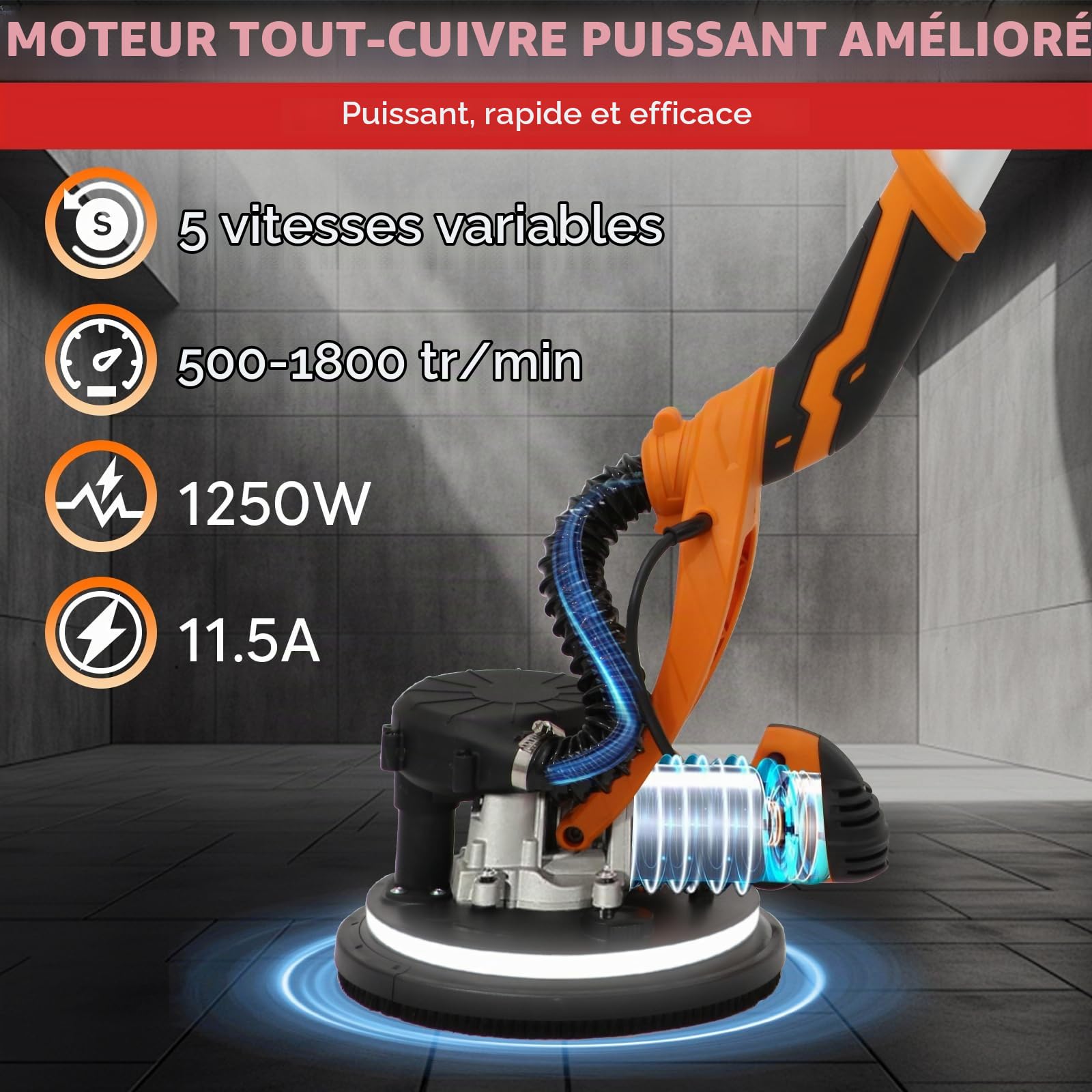 Ponceuse Girafe 1250W Ponceuse Murale et Plafond avec 5 Vitesses Variables, 800-1800RPM, Poignée Télescopique, Eclairage LED Intégré et Sac Collecteur de Poussière