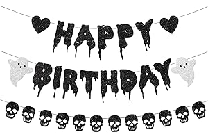 Black Glitter Halloween Birthday Banner with Heart Skull Garland