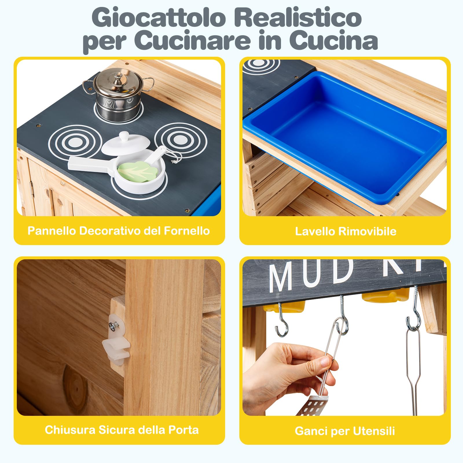COSTWAY Cucina Giocattolo per Bambini, Cucina in Legno da Esterno con Lavello Removibile, Fornello, Pentole e Ripiani, Cucinetta Giocattolo Interattiva con Accessori per Bambini 3-8 Anni, Naturale