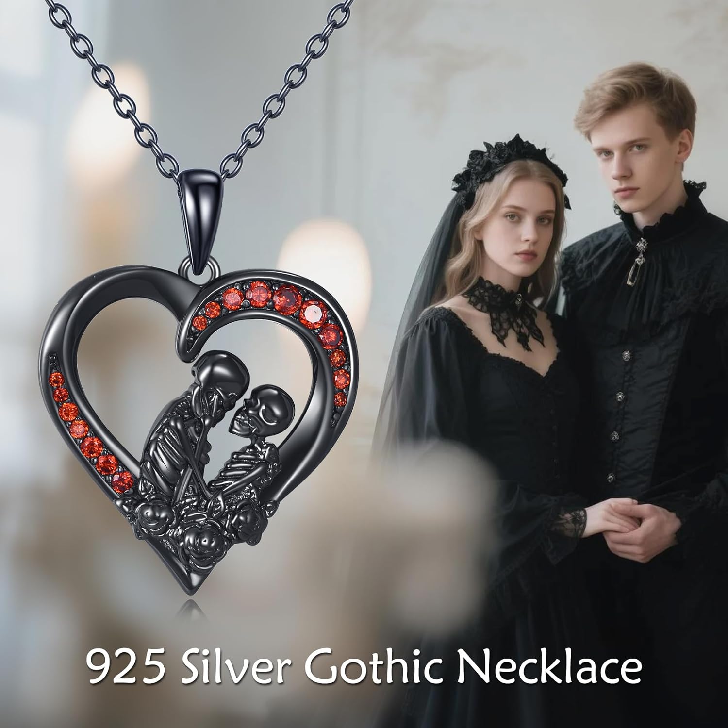 URONE Skeleton Skull Necklace 925 Sterling Silver Cherry Skull Pendant Gothic Jewelry Gift for Women Men - Image 6