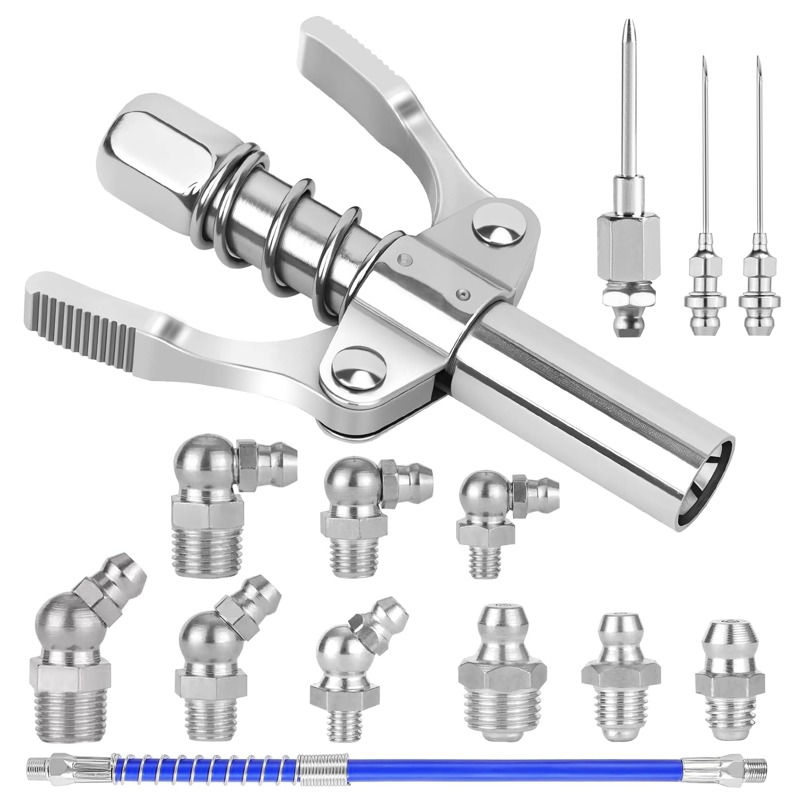 HIMOMO Doppelgriff Coupler Für Fettpresse,Fettpresse Mundstück Mit 30-cm-Schlauch Und 60pcs Schmiernippel M6 M8 M10 Fettpresse Kupplung Für Alle Arten Von Fettpressen