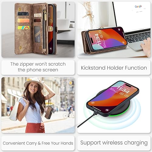 Miniatura 3 de Kowauri Funda tipo cartera para iPhone 15 Pro Max, con cremallera, de piel con tarjetero y correa para la muñeca, desmontable, magnética, a prueba