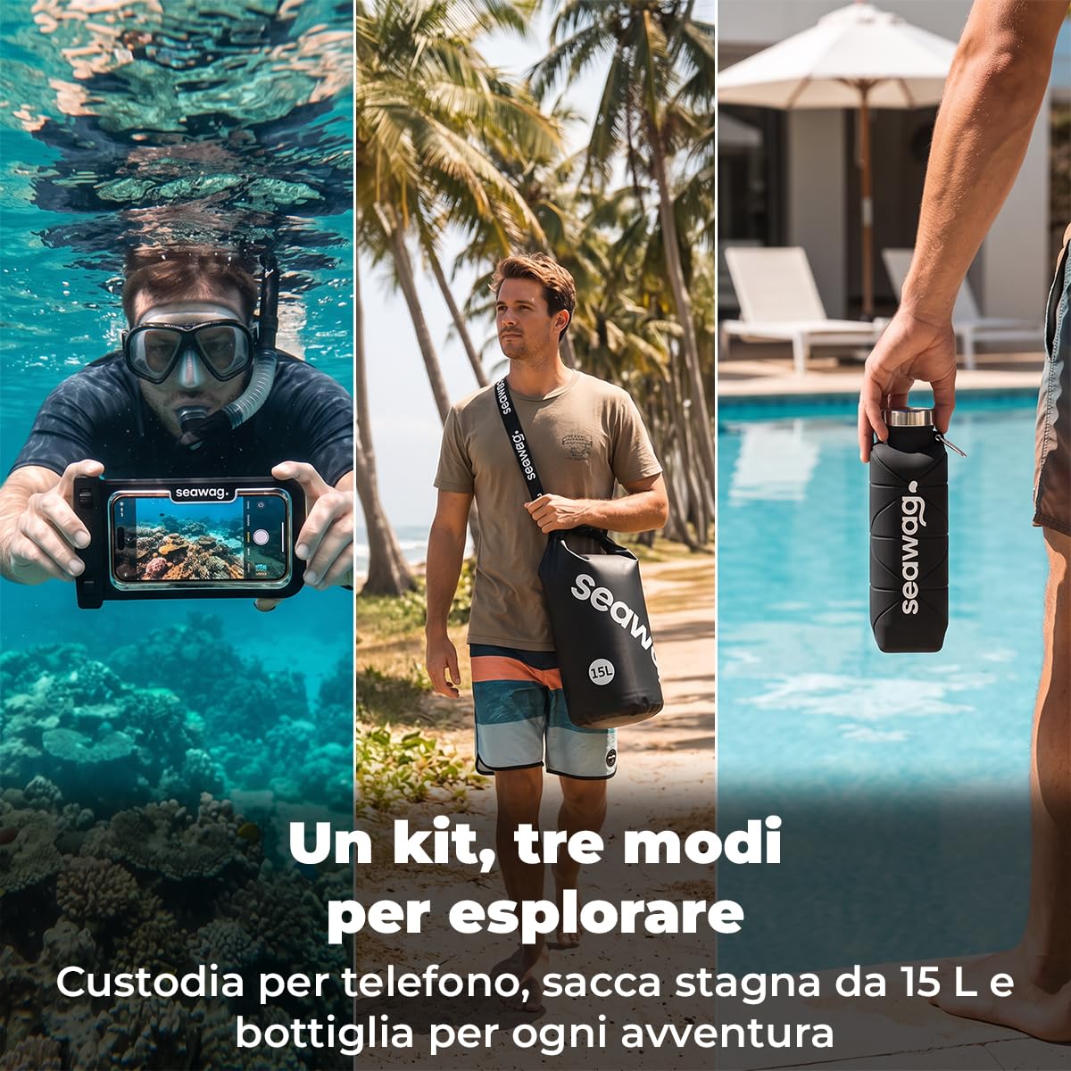 SEAWAG Solo Traveler Kit - Custodia impermeabile per telefono (IPX8 fino a 25 m) con impugnatura galleggiante, cinghia da braccio e supporto per bicicletta, borsa impermeabile universale per iPhone e