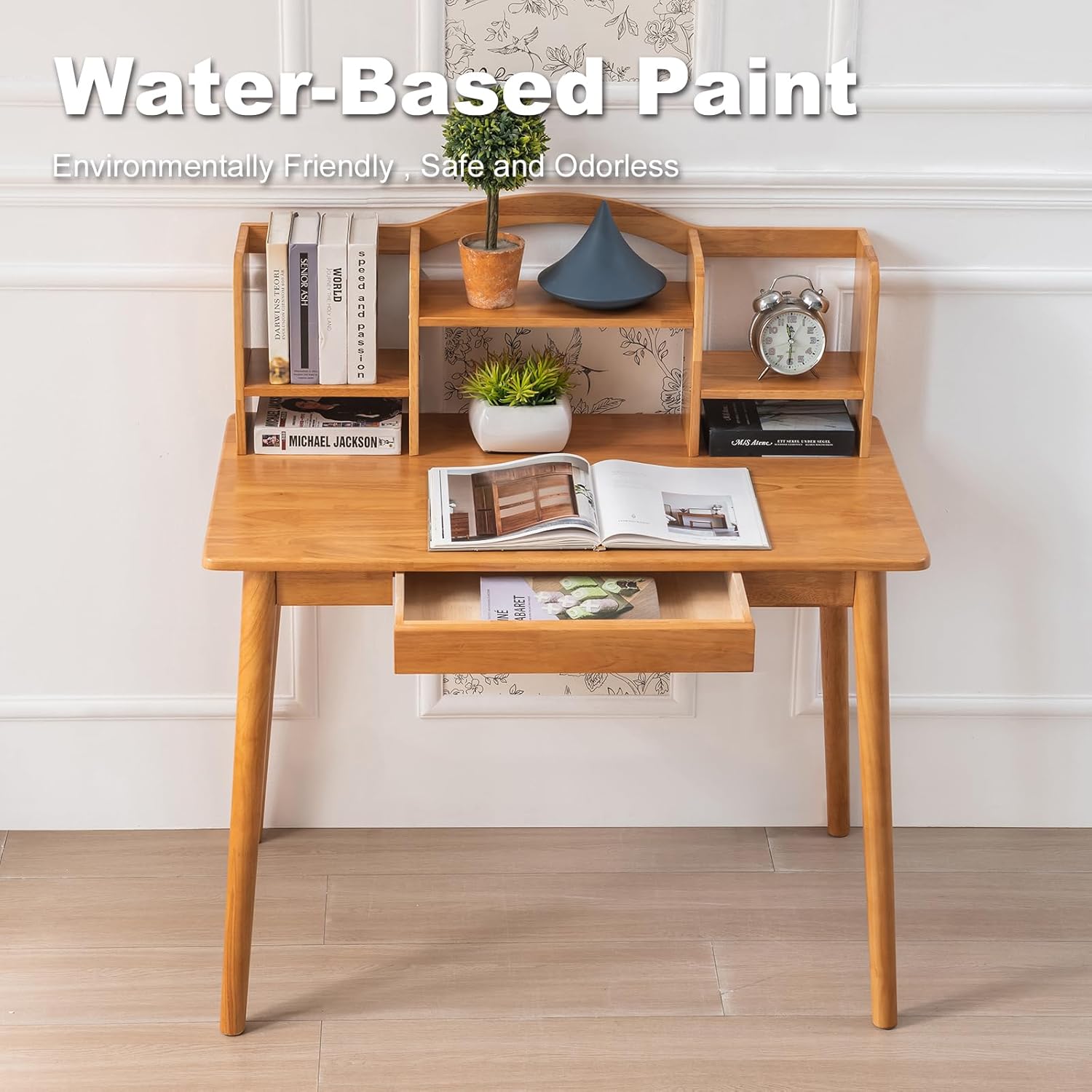 Solid Wood Desk with Drawers, Wooden Computer Desk for Home Office, Gaming Study Desk for Small Spaces, Writing Work Desk for Bedroom,Easy Assembly (Teak Color 40 inch)