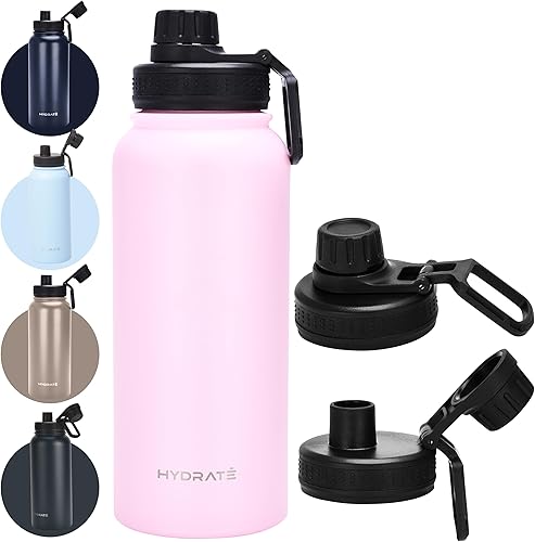 Hydrate Botella de agua aislada  Botellas de agua de acero inoxidable de 32 onzas  Frasco grande reutilizable de 1 litro con diseño a prueba de