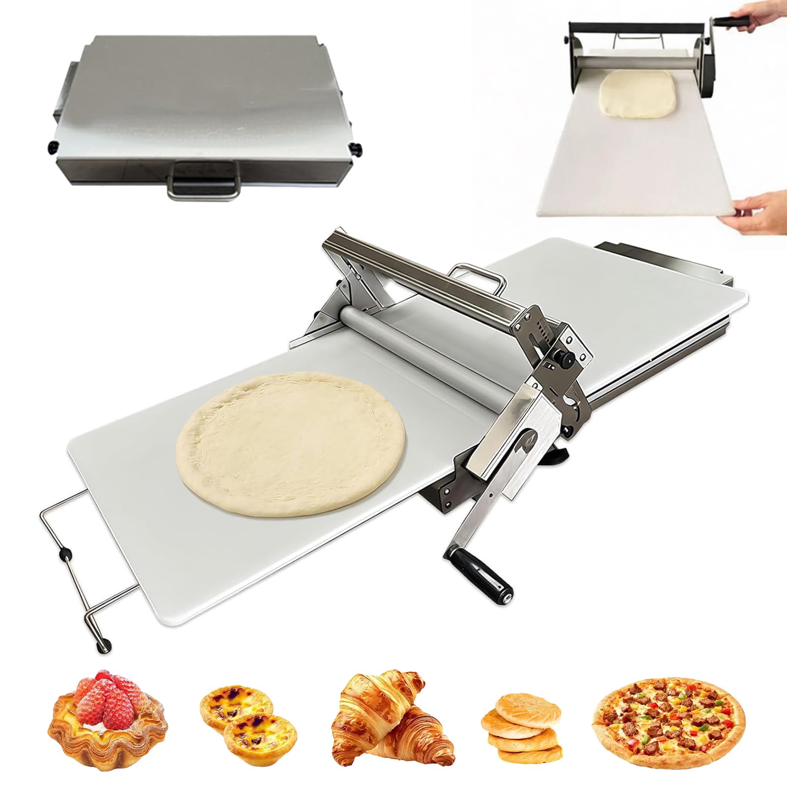 Macchina per sfogliare l'impasto, rullo manuale con spessore regolabile per croissant, pizza e pasticceria, struttura resistente in acciaio inossidabile