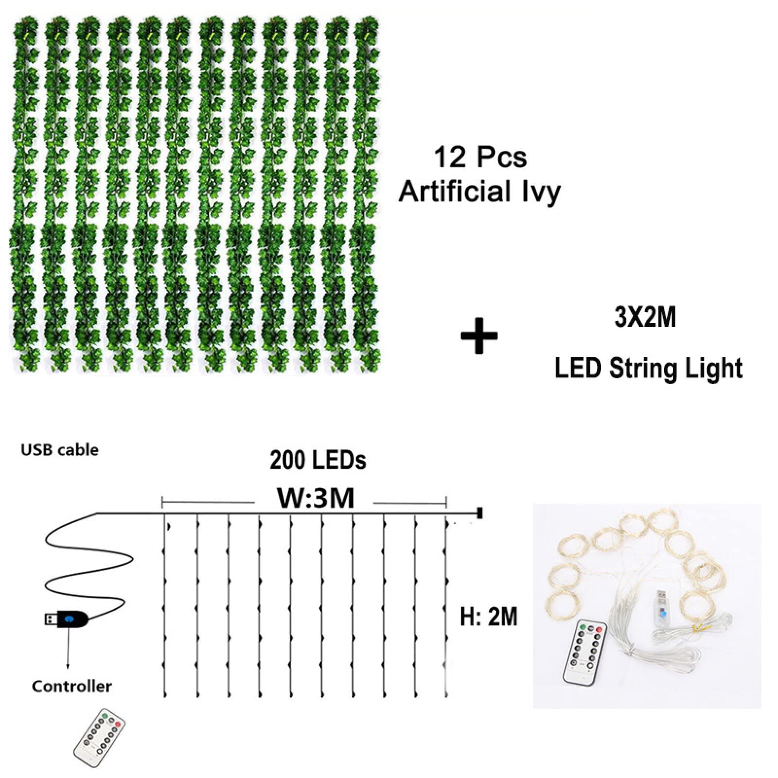 12 confezioni di edera artificiale, 22,4 m, piante rampicanti finte con 200 luci a LED per camera da letto, matrimoni, feste, giardino, parete, stanza, decorazione per la casa