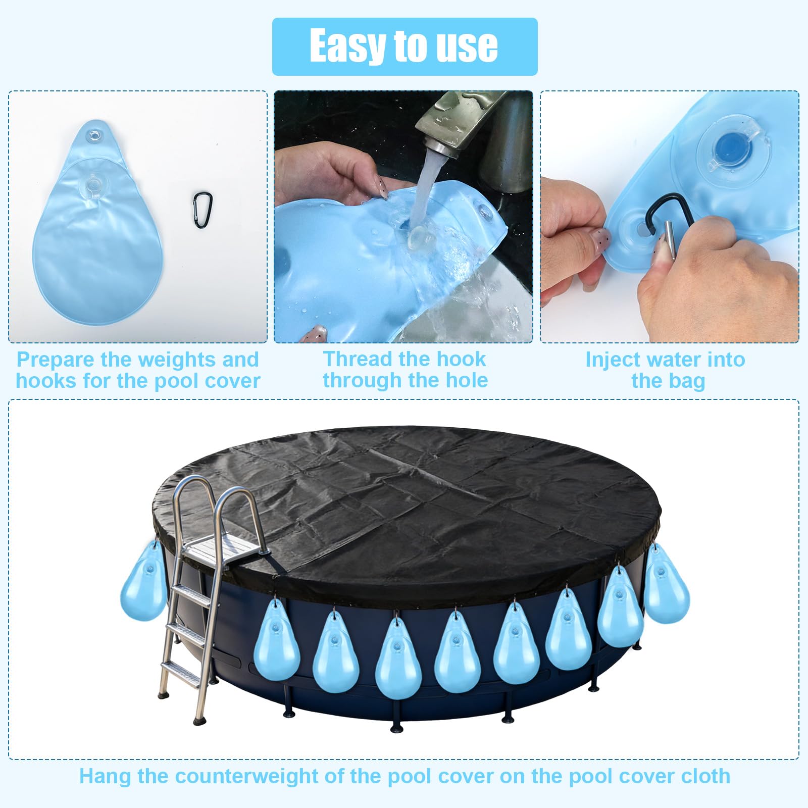 Lot de 15 sacs à eau épais en forme de goutte pour piscine - Sac de lestage pour piscine - Sac suspendu avec valve anti-fuite pour bâche de piscine