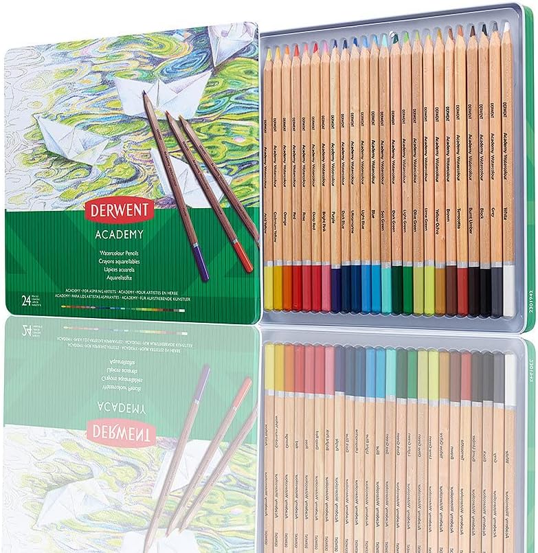 Academy Watercolour Pencils, Set of 24 in Tin, Multicolour Artist’s Pencils, Ideal for Wet or Dry Colouring, Drawing & Illustration, Premium Hobbyist Quality, 2300226