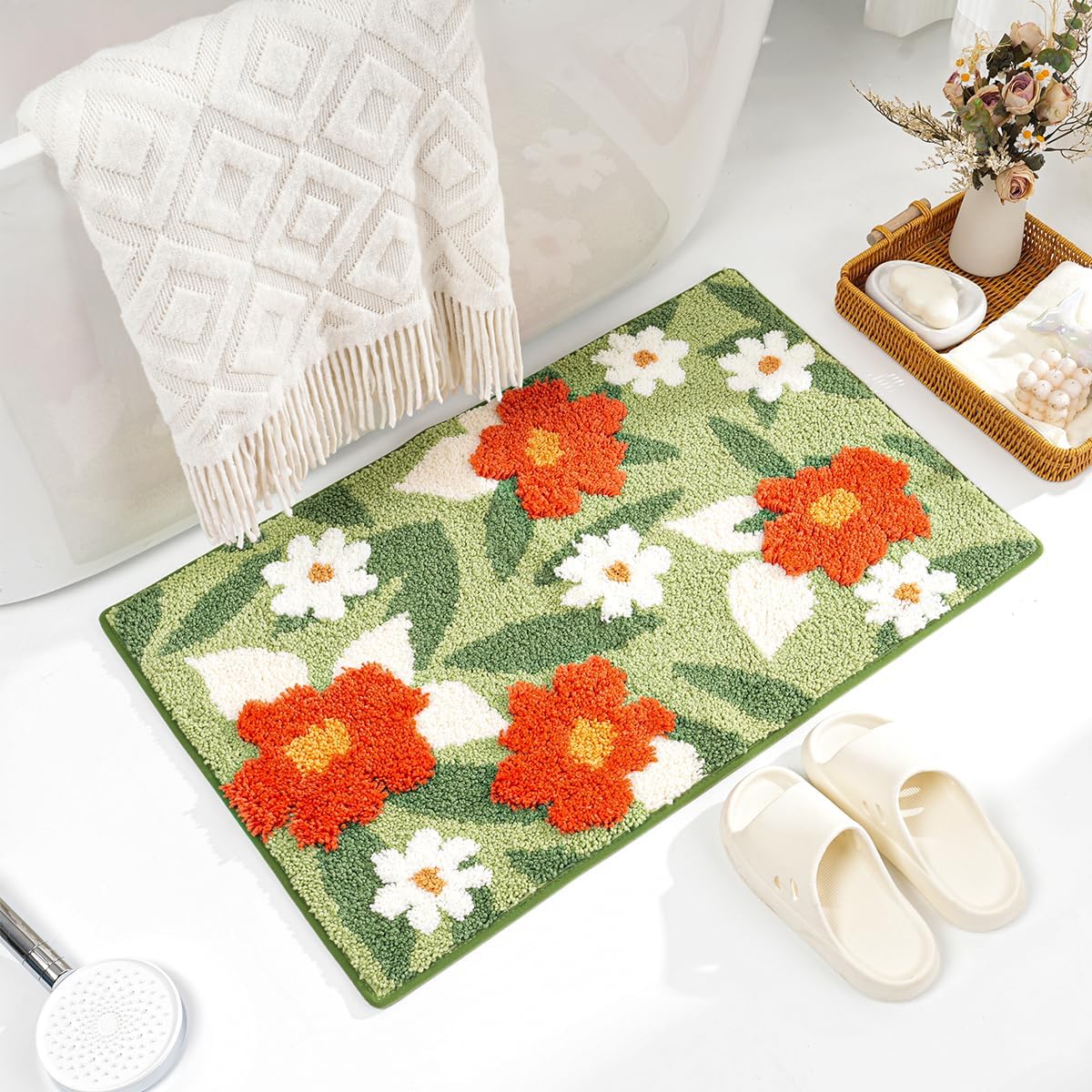 Floral Bathroom Mat Super Absorbent Non Slip Bath Tub Mat Machine Wash Non Slip Cozy Rug for Shower, Living Room and Balcony (31"x20", Green Flower Bush)