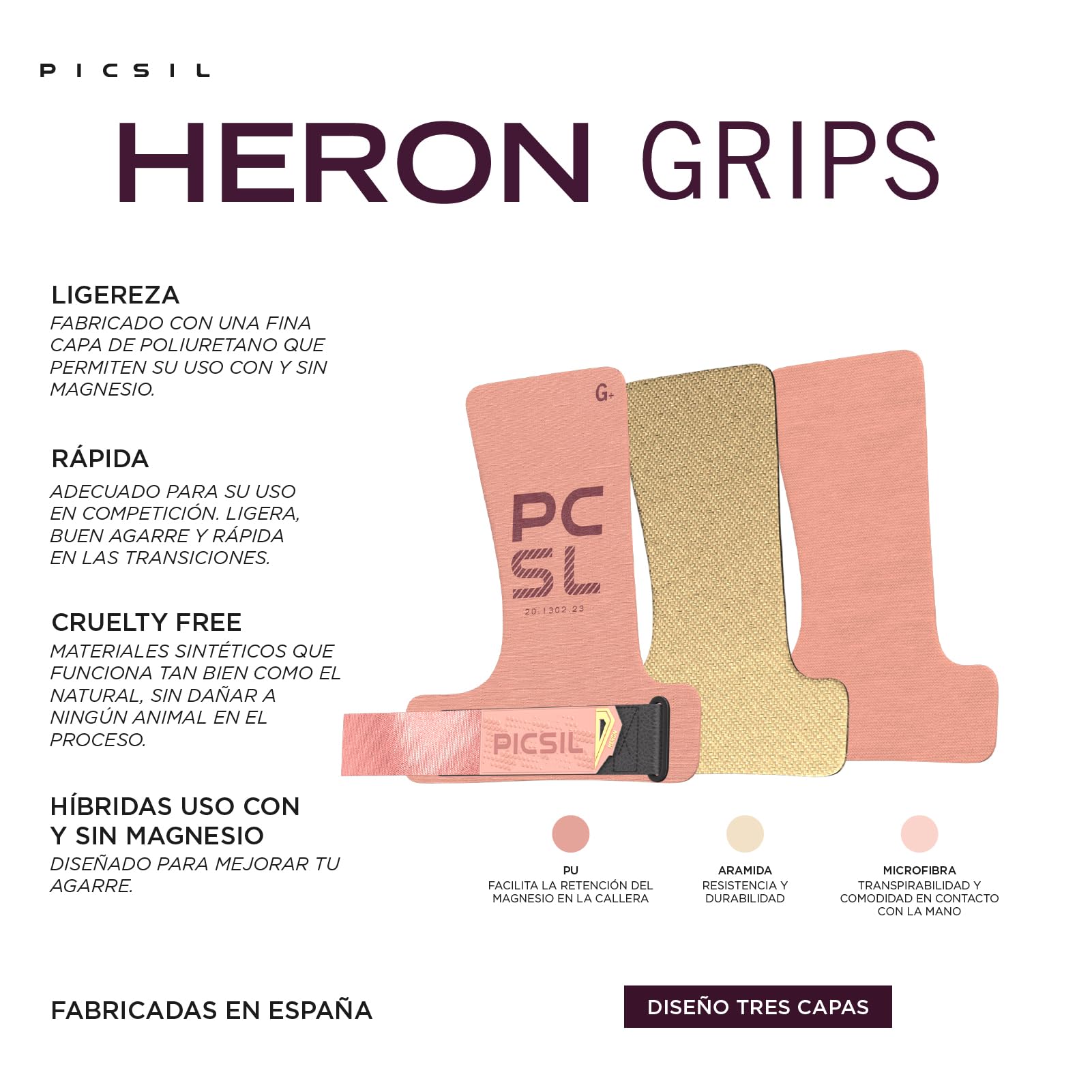 PICSIL Calleras Heron + Muñequeras + Bolsa, Uso con y sin Magnesio, para Todo Tipo de Atletas, Agarre en Todas Superficies y Tipo de Barra - 5