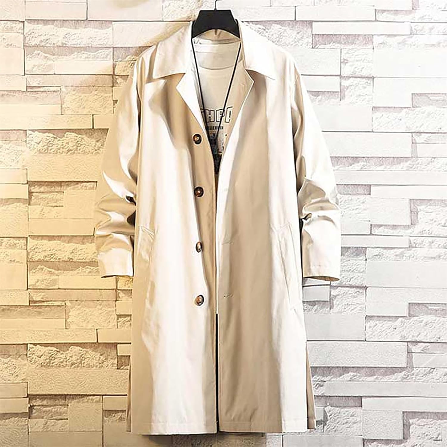 Lightweight Lapel Collar Trench Coats for Men Button Down Long Jackets Fashion Single Breasted Windproof Coats