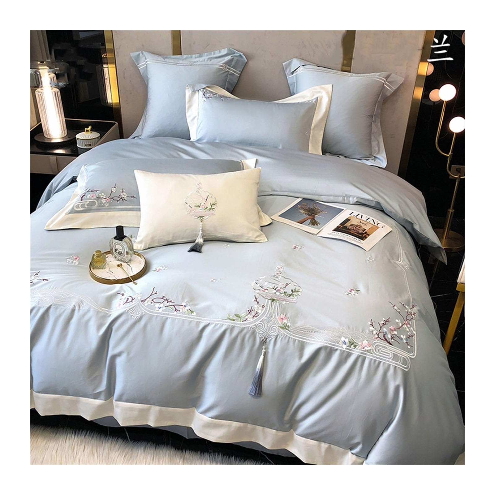 Parure de lit 100 fils coton longues fibres broderie chinoise 1.5m