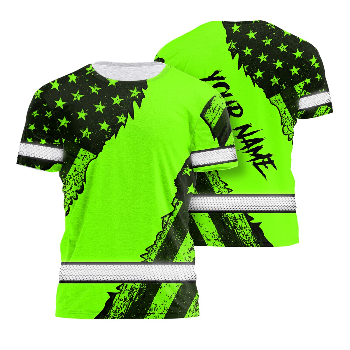 Maddly Hi Vis Shirt Reflective Green Neon Water Color American Flag Patriotic Custom Name Safety Workwear for Workers, Runners, Cyclists, Truckers, Operator-L