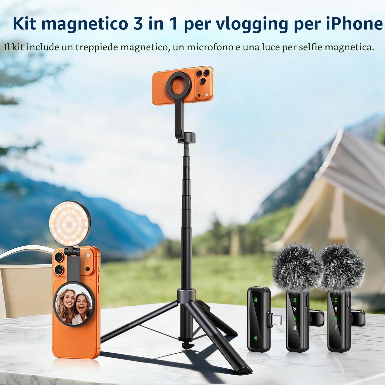 yAyusi Kit vlogging magnetico 3 in 1 per iPhone/Android, kit di avvio per YouTube, treppiede magnetico/microfono/telecomando, selfie stick da 71" con luce per kit essenziale per creatori di contenuti