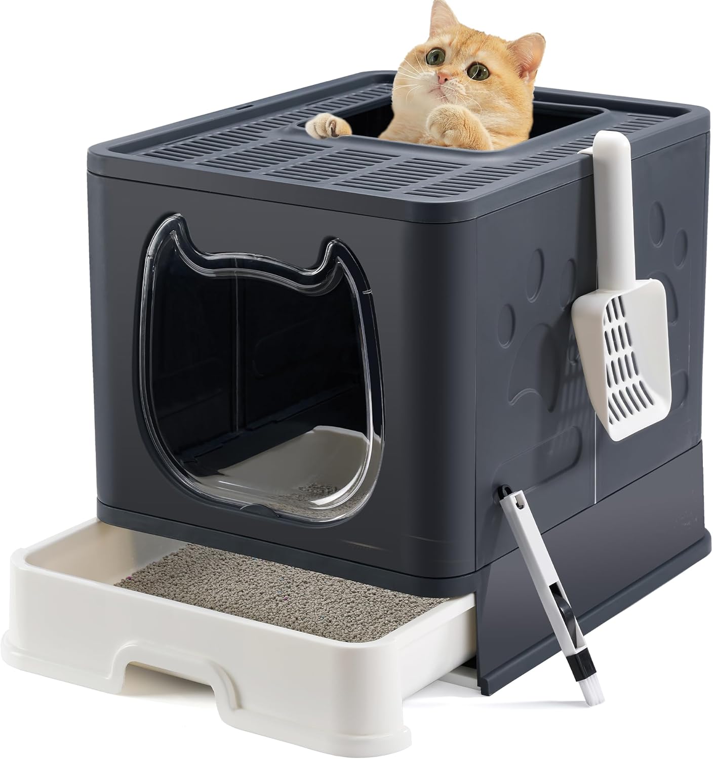 Vealind Covered Litter Box with Lid, Low Entry Kitten Small Litter Box Enclosure with Scooper and Brush, Anti-Splashing Top Entry Litter Box Black