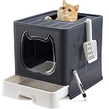 Vealind Covered Litter Box with Lid, Low Entry Kitten Small Litter Box Enclosure with Scooper and Brush, Anti-Splashing Top Entry Litter Box Black