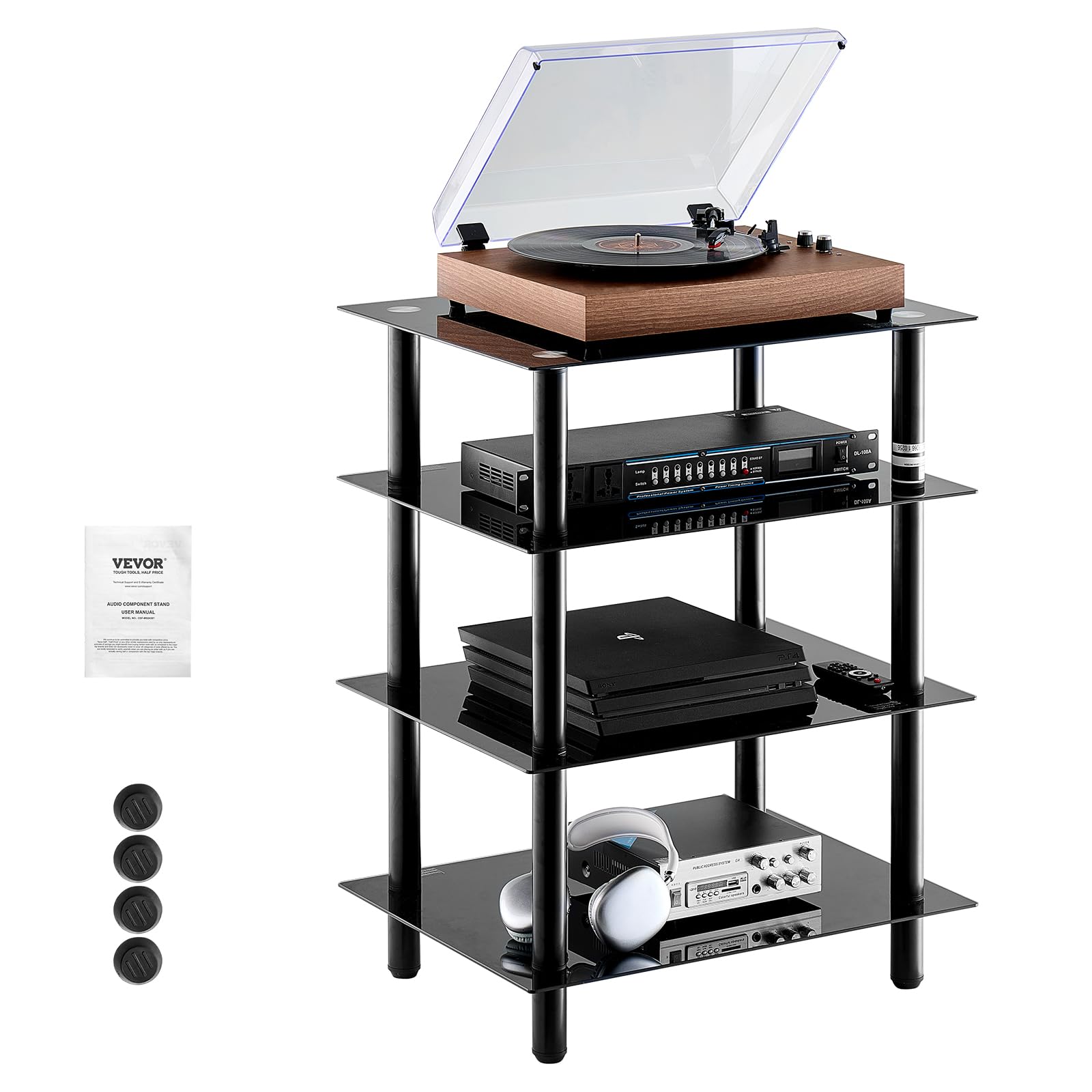 VEVOR Scaffale Portaoggetti Multimediale per Dischi Vinile Giradischi Vinile, Supporto Multimediale Audio-video 4 Ripiani in Vetro Temperato per Attrezzatura di Videogiochi, Mobiletto Portaoggetti