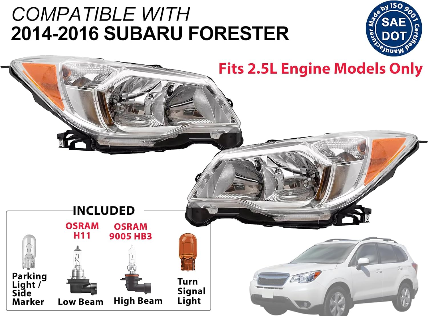 KAP Replacement Head Lamp for 2014 2015 2016 Forester 2.5L Engine 2.5i Passenger Driver Pair