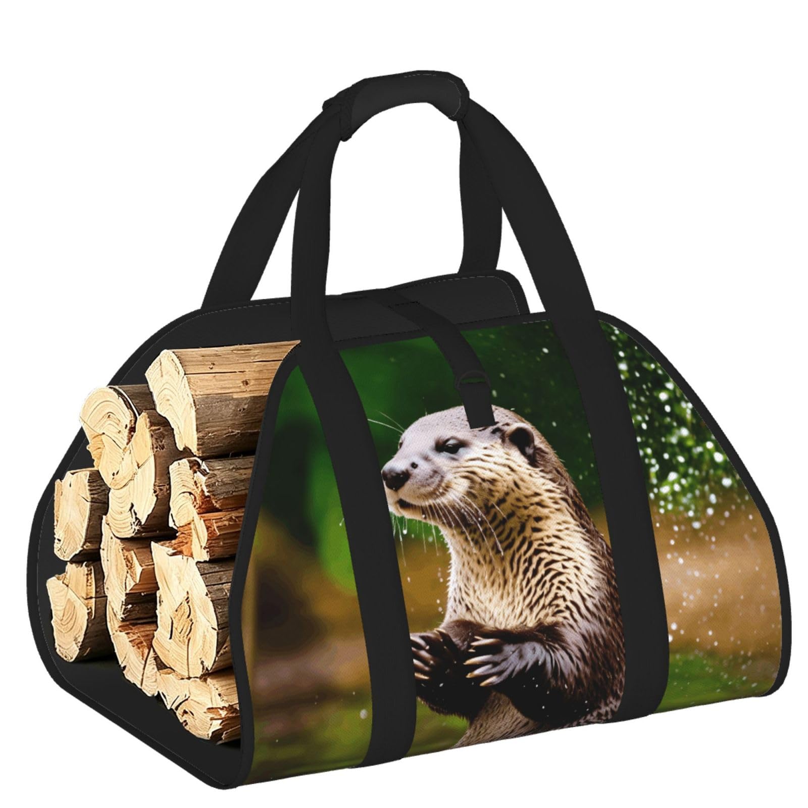 Pphgut Black Animal Cute Brown Otters Print Firewood Bag Wood Carrier Transport Sack Camping Picnic Storage Daily Home