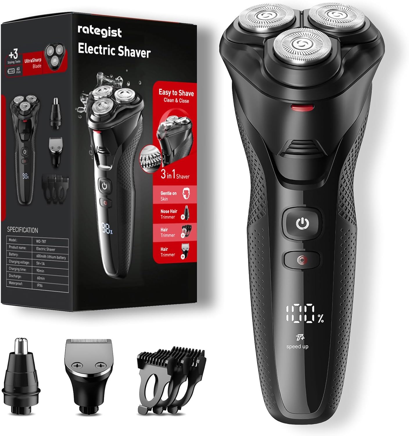Cordless Electric Razor for Men: 3-in-1 Shaver for Beard/Nose/Sideburns - IPX7 Waterproof Travel Kit - Turbo Speed