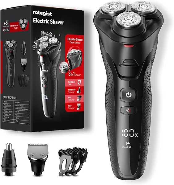 rategist Cordless Electric Razor for Men: 3-in-1 Shaver for Beard/Nose/Sideburns - IPX7 Waterproof Travel Kit - Turbo Speed & Precision Blades, Texture Black