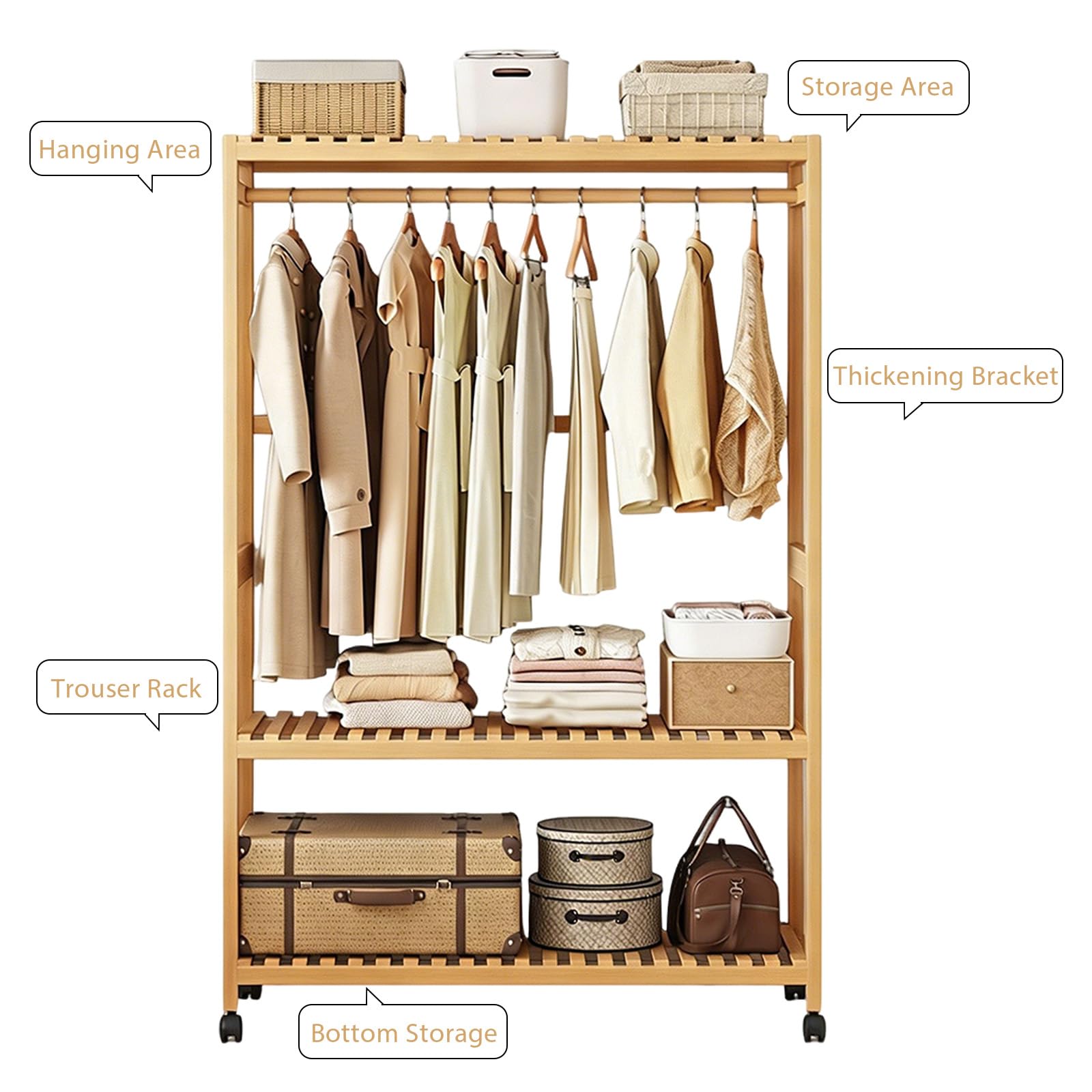 Perchero Burro de Bambú con Ruedas, Perchero de Pie con Barra para Colgar y Estantes Regulables, Organizador de Ropa Móvil para Dormitorio, Salón o Entrada, Largo 83/98 cm