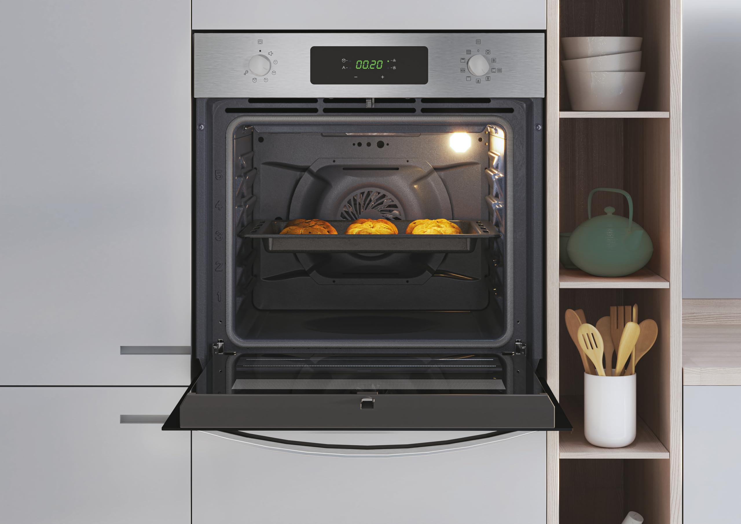 Candy Idea FCID X676, Horno Multifunción Pirolítico, 65L, 1 Bandeja y 1 Rejilla, Ventilador Radial, Aquálisis, Convección + Ventilador, 9 Funciones, Display táctil, Puerta 3 Cristales, Inox y Negro