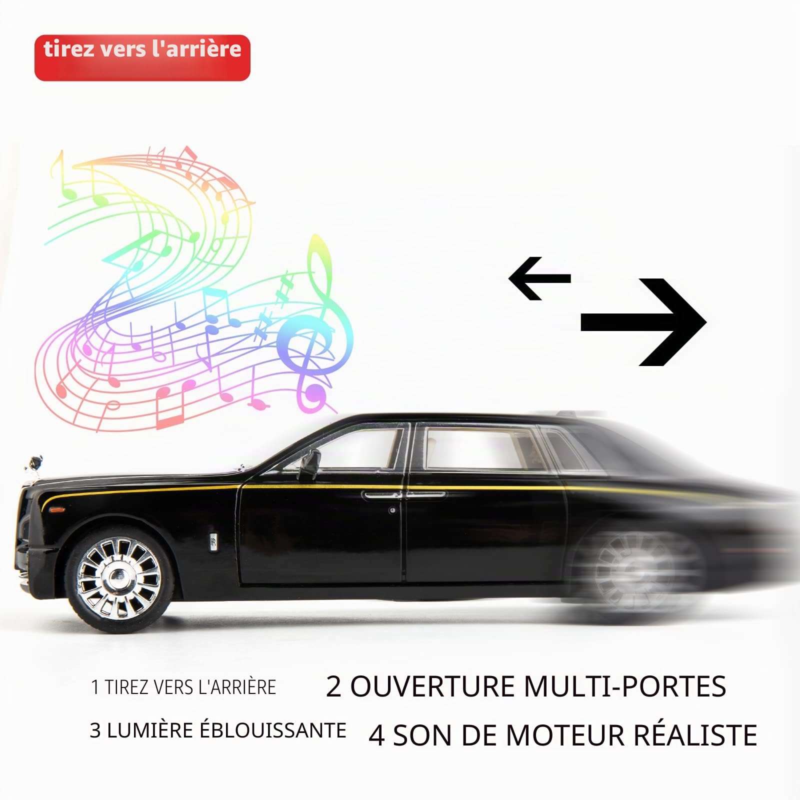 TGRCM-CZ Compatible avec 1/32 Rolls-Royce Phantom modèle voiture jouet avec son et lumière pour enfants garçons et filles, corps en métal porte ouverte noir
