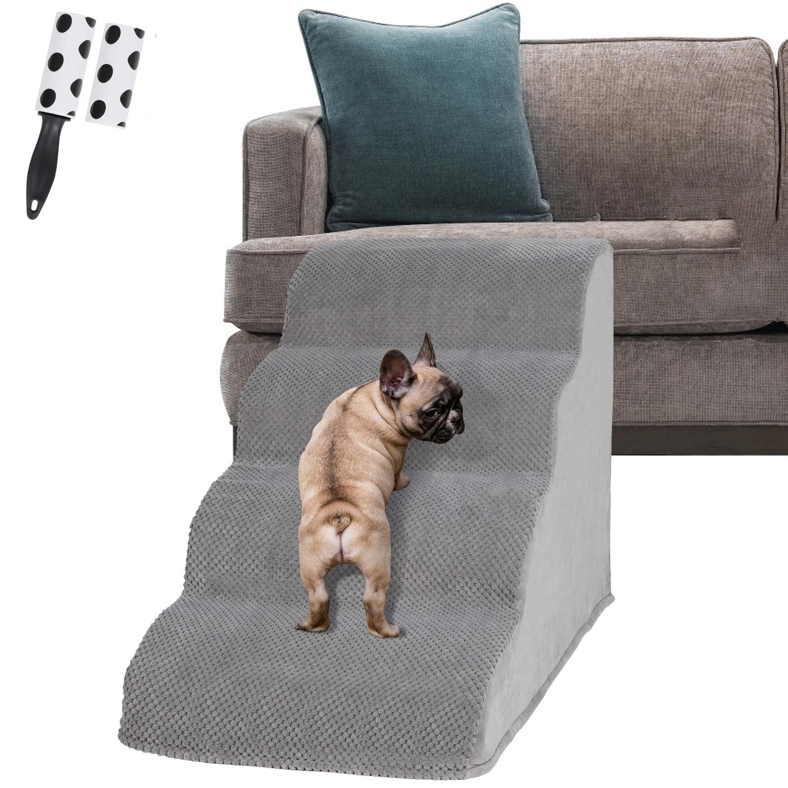 HAITRAL Durable 4 Tiers Dog Steps, Pet Stairs-High Density Foam Dog Ladder Ramp for High Bed or Couch,Non-Slip Dog Stairs for Small Short Leg Dogs,Older/Injured Pets,with Lint Roller 2 Refills