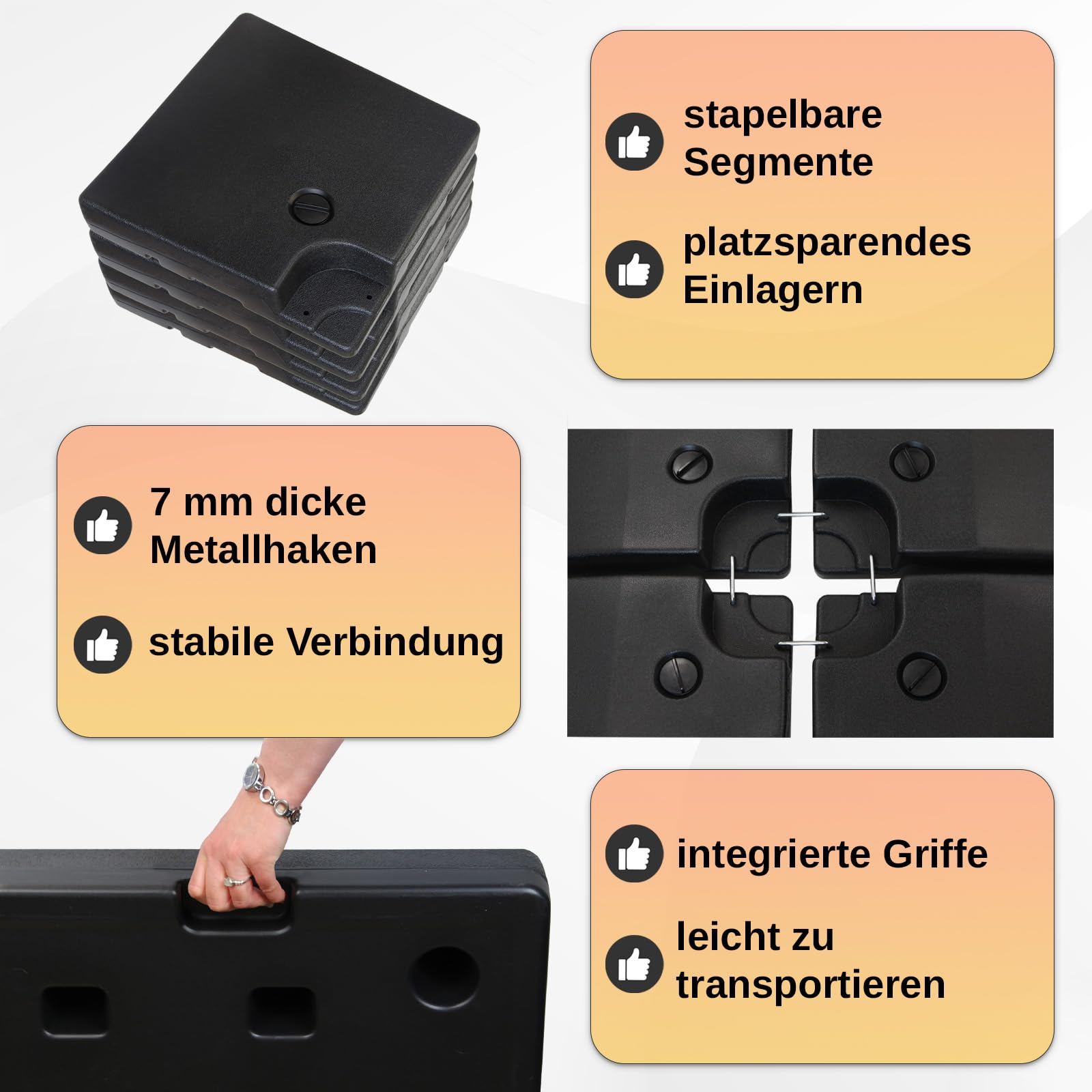 Montafox Sonnenschirmständer 4-teilig Schirmgewicht für Ampelschirm Bodenkreuz schwarz 90 Liter / 150 kg - befüllbar mit Wasser oder Sand 7 Jahre Garantie auf Material*