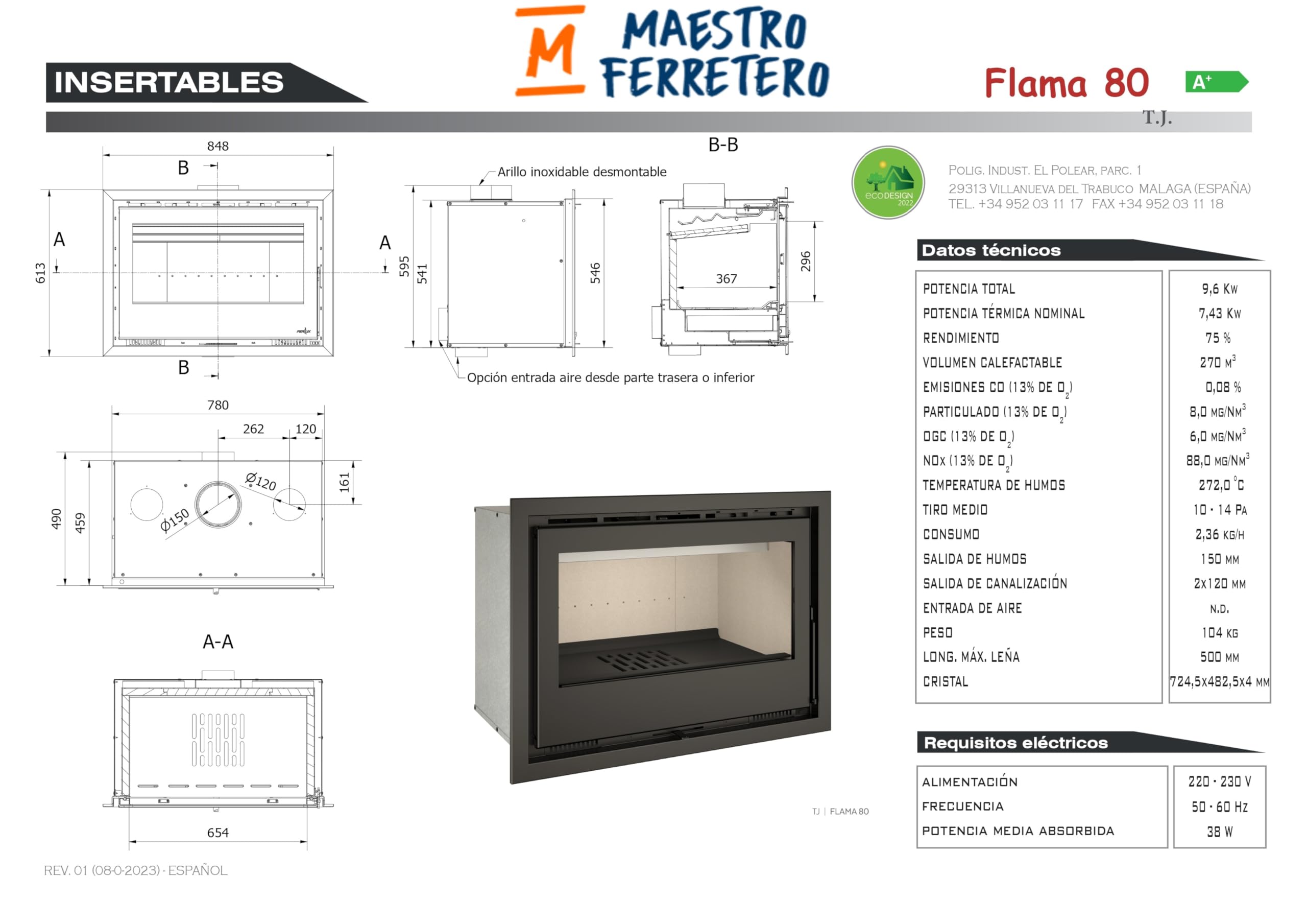 TJ - Chimenea Insertable de Leña con Turbinas Modelo FLAMA 80 de 9,6 kW