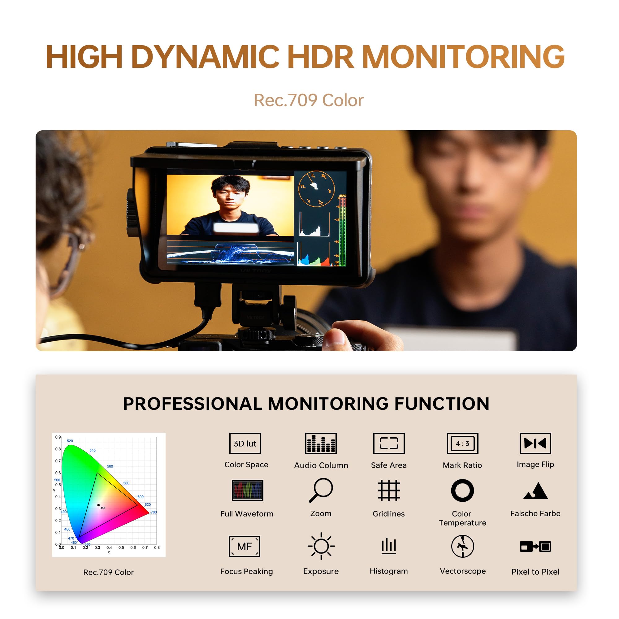 VILTROX DC-550 Pro II 5,5" Monitor de Campo para Cámara de Pantalla Táctil, 1400 nits DSLR Monitor con HDMI 4K, Función piel de Cebolla, Control de Cámara USB/Wi-Fi, LUT 3D, Visera Solar y Batería