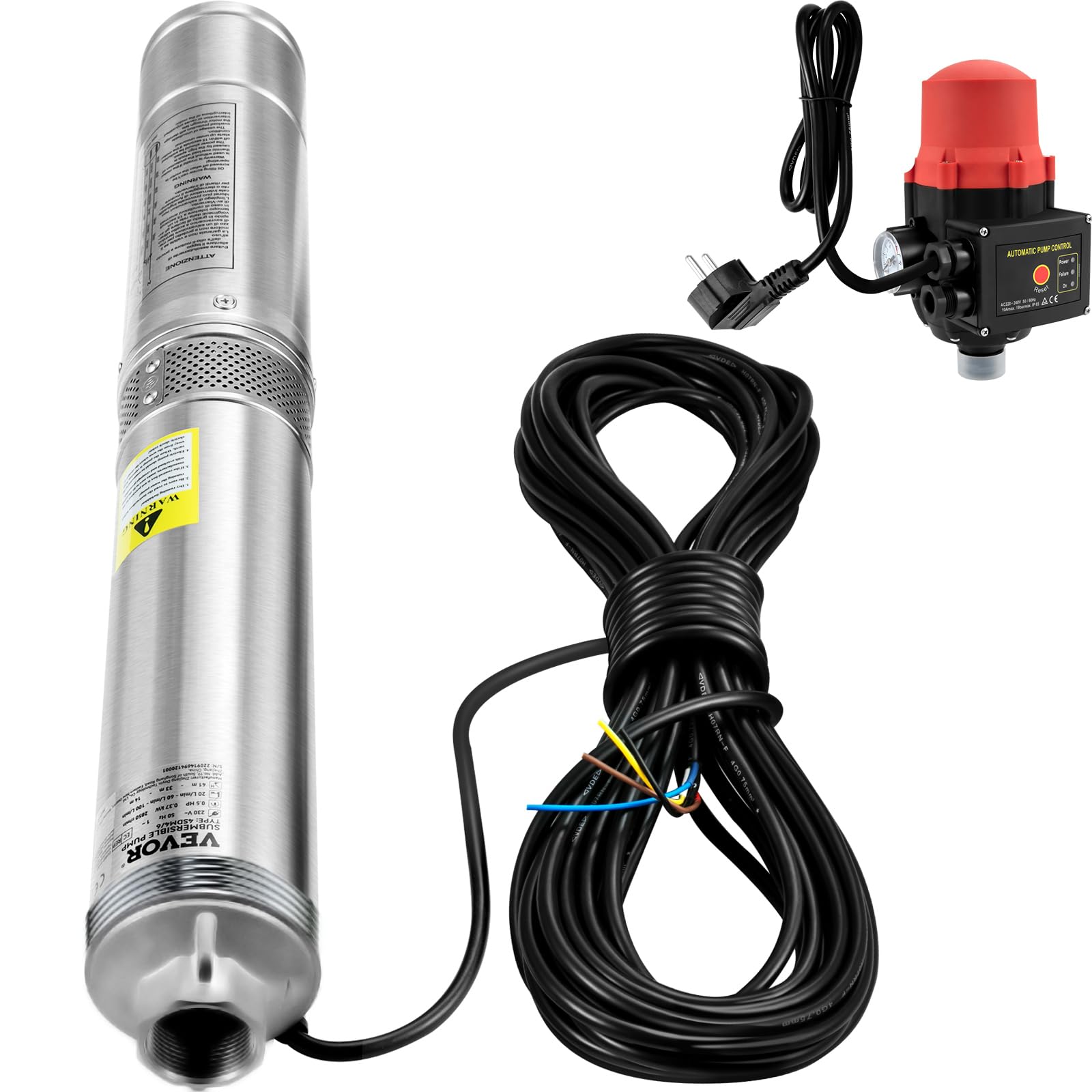 VEVOR 3'' Tiefbrunnenpumpe 550W Brunnenpumpe Max. Durchfluss 50L/min Tauchpumpe Förderhöhe 89m Tauchwasserpumpe Sandbeständig <5% Drehzahl 2850U/min Süßwasserversorgung Bewässern Entwässerung, Silber