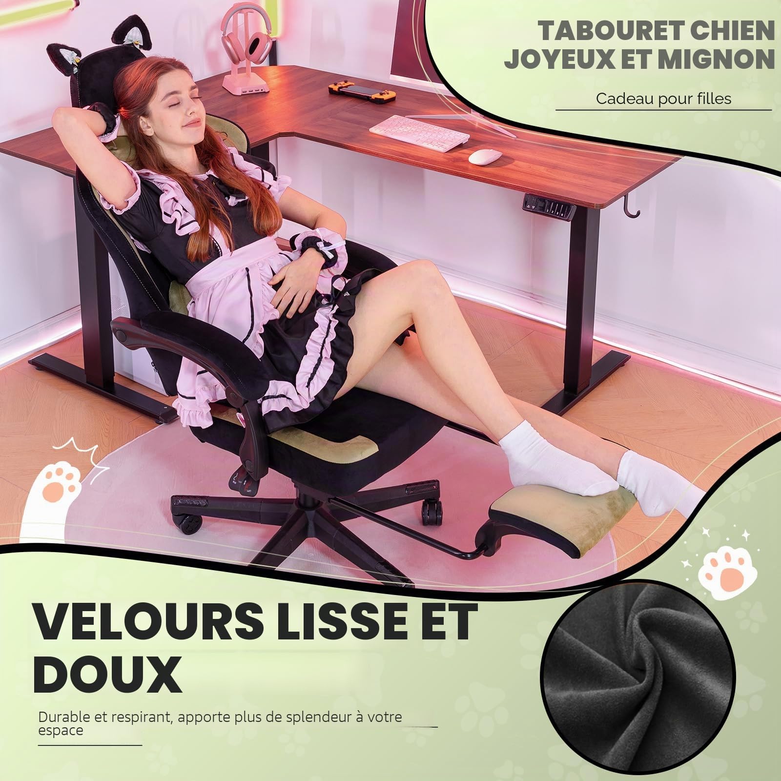 GTPLAYER Adorable Chaise de Gaming Ergonomique en Velours avec Oreilles de Chat, Mousse à mémoire de Forme et Repose-Pieds - 150 kg - Vert