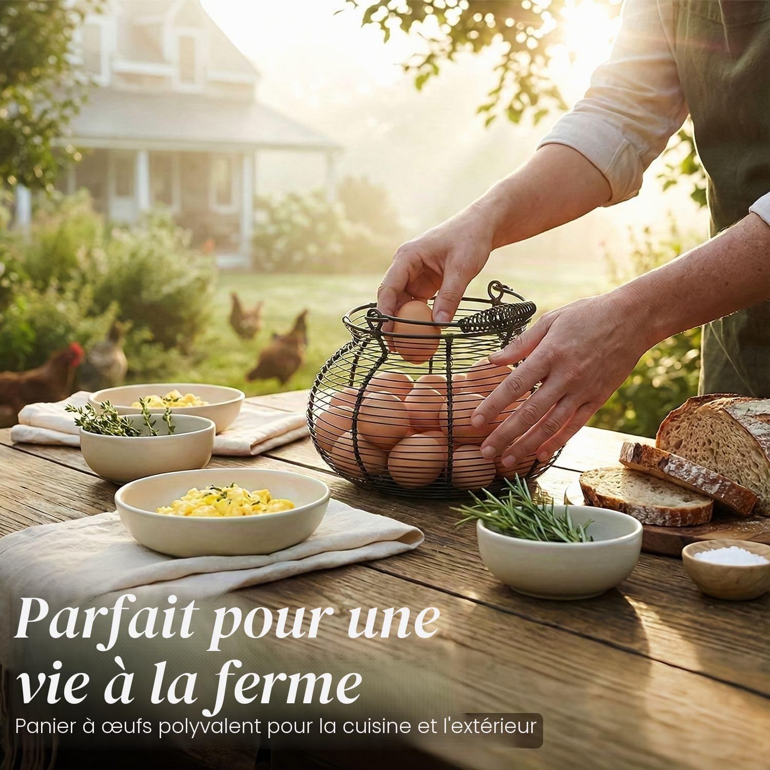 Flexzion Panier à œufs pour recueillir des œufs frais – Porte-œufs rond en fil métallique avec poignées à ressort – Panier de collecte d'œufs de poule de ferme pour comptoir, organisateur de cuisine