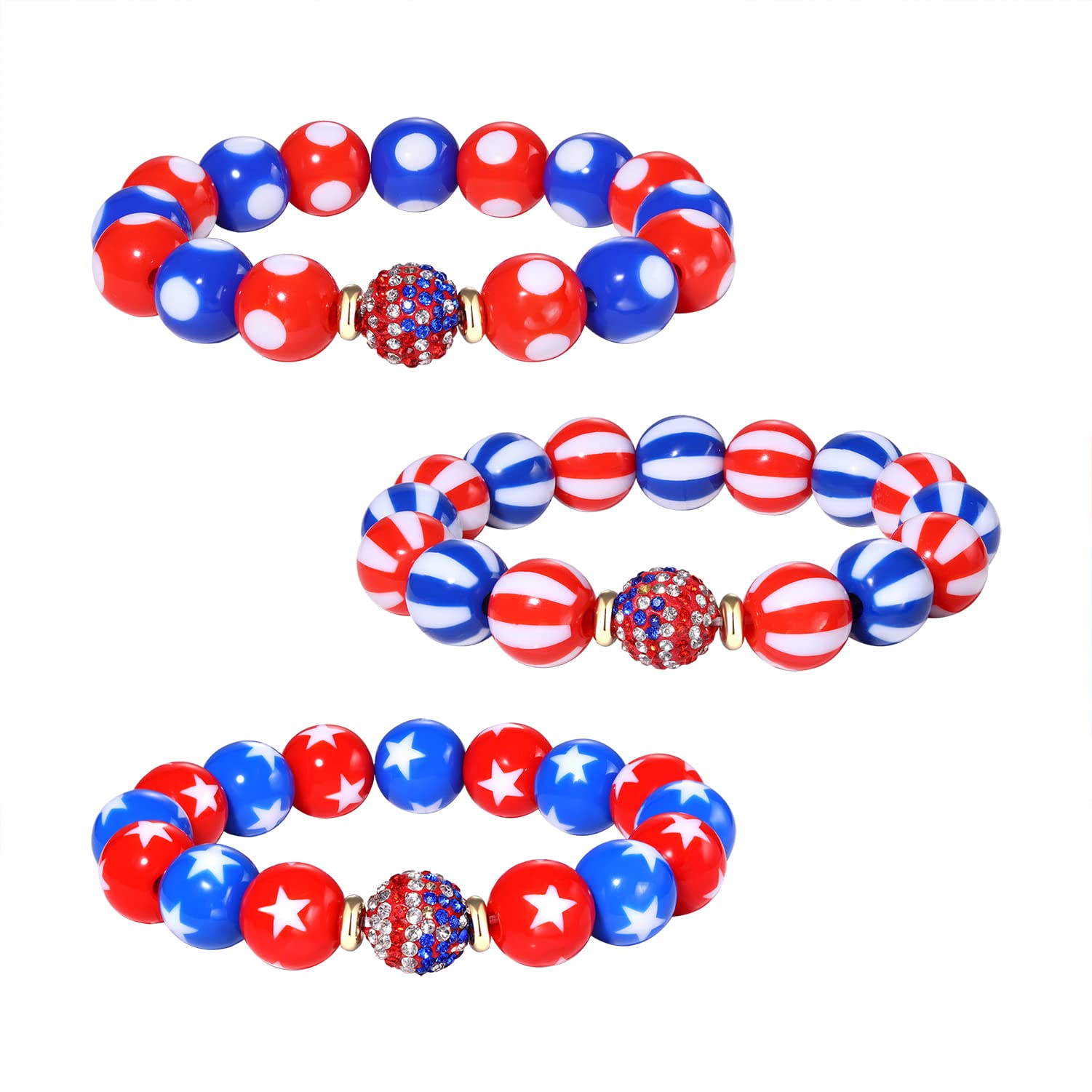 3PCS Independence Day Chunky Beaded Bracelets Patriotic 4th of July Beaded Bracelets Crystal Beaded Bracelet for Women America Flag Red White And Blue